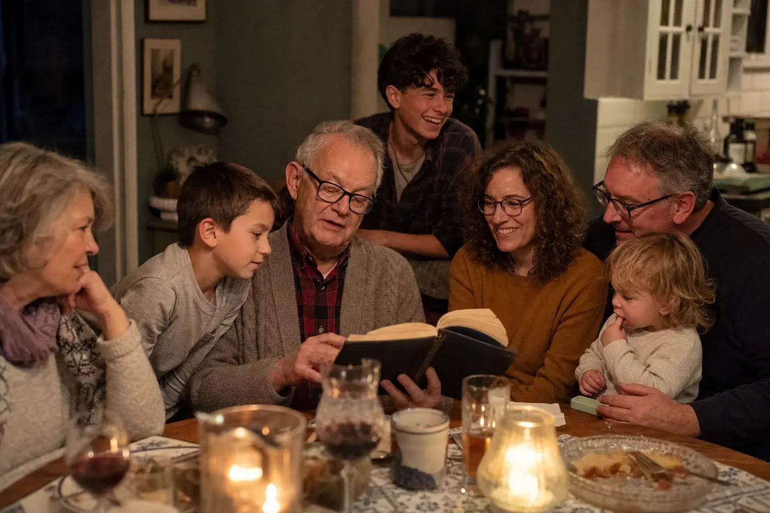 Three generations around a holiday table passing a memoir hand to hand